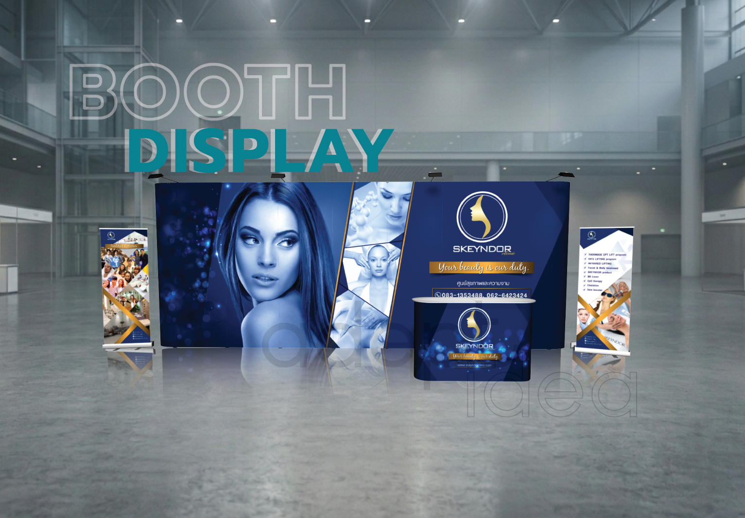 อุปกรณ์ออกบูธ, backdrop ออกบูธ, ป้ายออกบูธ, roll up, เคาน์เตอร์ออกบูธ, ชุดออกบูธ, อุปกรณ์จัดบูธ, booth display, exhibition equipment